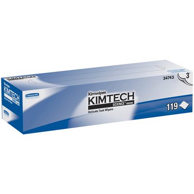 KW131.jpg The Kimtech Science Kimwipes® 3 Ply wipers, measuring 11.8 x 11.8, come in a blue and white box labeled Delicate Task Wipers. With product number 34743, they offer low lint precision with 119 wipers per package, ideal for delicate cleaning tasks.