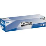 A rectangular blue and white Kimtech Science box contains 90 Kimwipes® 2 Ply 14.7 x 16.6 Low-Lint Wipers, highlighted with simple graphics and text showcasing their suitability for precision cleaning tasks.