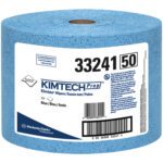 The Kimtech® 9.8 x 13.4 Prep Jumbo Roll Wipers (717/Case) features a large blue roll with the number 33241, a quantity of 50, and color details in blue/bleu/azul, prominently displaying the Kimberly-Clark Professional logo.