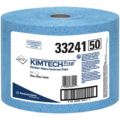KW137.jpg The Kimtech® 9.8 x 13.4 Prep Jumbo Roll Wipers (717/Case) features a large blue roll with the number 33241, a quantity of 50, and color details in blue/bleu/azul, prominently displaying the Kimberly-Clark Professional logo.