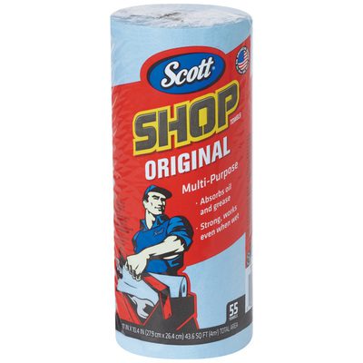 KW145.jpg The Scott® Blue Shop Towels on a Roll (660/Case) come in the iconic blue packaging with a label showing a worker wiping his hands, highlighting their strength and efficiency in absorbing oil and grease. Each roll has 55 durable towels, ideal for tough cleaning tasks.