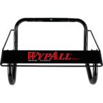 The black WypAll® Wall Mount Jumbo Roll Dispenser has a handle, two round side supports, and WypAll printed in red on the central panel.
