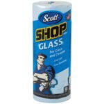 Scott® Shop Towels on a Roll for Glass - 90/Roll (12/Case) offer lint-free and streak-free cleaning for glass and chrome with blue packaging featuring yellow and black text and a figure in a blue shirt, ensuring efficiency and quality.