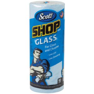 Scott® Shop Towels on a Roll for Glass - 90/Roll (12/Case) offer lint-free and streak-free cleaning for glass and chrome with blue packaging featuring yellow and black text and a figure in a blue shirt, ensuring efficiency and quality.