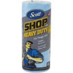 The roll of Scott® Heavy Duty Shop Towels comes with 60 solvent-resistant, blue sheets featuring a worker design. Perfect for tough jobs and 3x stronger when wet, these towels are available in cases of 12 rolls.