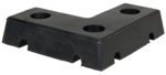 The Vestil L Shaped Molded Bumper 4 X 18 X 18 is a black rubber corner guard for slot racking, featuring an L-shape with three holes on top and bottom edge cutouts for a secure fit.