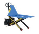 The Vestil Tote Lift DC Powered 3K 20 x 45 is an electric pallet jack with a blue fork, black handle, and yellow-black striped safety markings on the lifting mechanism, ideal for industrial pallet transport.