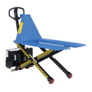 The Vestil Tote Lift DC Powered 3K 20 x 45 is an electric pallet jack with a blue fork, black handle, and yellow-black striped safety markings on the lifting mechanism, ideal for industrial pallet transport.