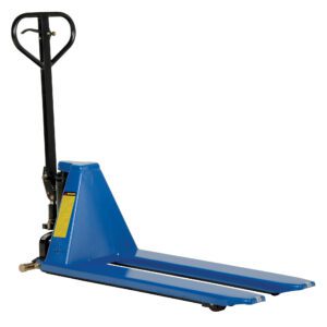 A blue Vestil Tote Lift Hand Pump 3K, featuring a black handle and a fork measuring 20.5 x 43 inches with dual blades for pallet lifting, is set against a white background. A yellow label on its side indicates its 3K weight capacity.