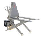 The Vestil Tote Lift DC Powered SS 2K, measuring 26.75 x 45 inches, is a silver pallet truck with a handle and wheels, featuring a hydraulic mechanism for lifting pallets. Safety labels adorn its metallic frame for efficient maneuverability in operations.