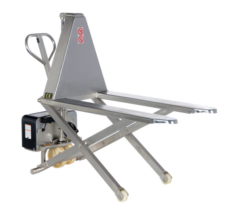 L-270-DC-HD-SS_A.jpg The Vestil Tote Lift DC Powered SS 2K, measuring 26.75 x 45 inches, is a silver pallet truck with a handle and wheels, featuring a hydraulic mechanism for lifting pallets. Safety labels adorn its metallic frame for efficient maneuverability in operations.