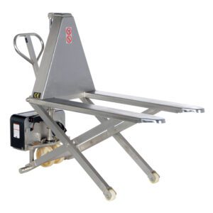The Vestil Tote Lift DC Powered SS 2K, measuring 26.75 x 45 inches, is a silver pallet truck with a handle and wheels, featuring a hydraulic mechanism for lifting pallets. Safety labels adorn its metallic frame for efficient maneuverability in operations.