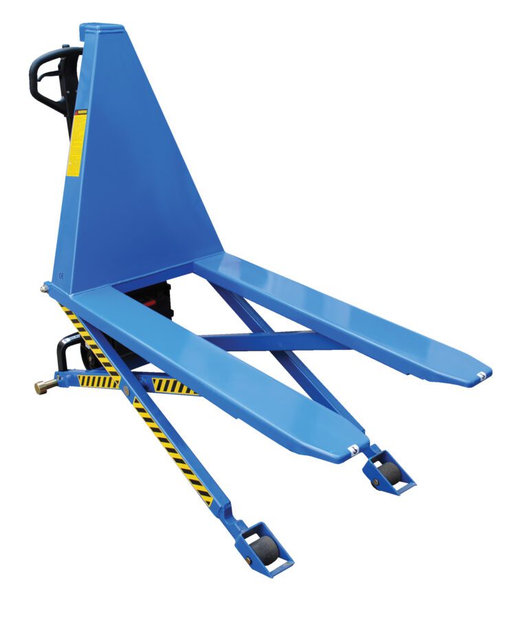 L-270-DP-HD_A.jpg This blue pallet jack has extended forks, a handle, and small wheels for easy maneuverability. With an industrial design highlighted by yellow and black safety stripes, it excels at lifting tasks and pairs with the Vestil Dual Power Tote Lift Charger 2.2K 27X47 for greater versatility.