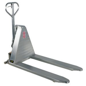 The Vestil Tote Lift Hand Pump Ss 2K 26.75 X 45 in silver features a metallic surface, upright handle, and two lifting prongs. Safety is enhanced with warning stickers on its side for efficient pallet maneuvering.