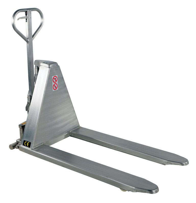 The Vestil Tote Lift Hand Pump Ss 2K 26.75 X 45 in silver features a metallic surface, upright handle, and two lifting prongs. Safety is enhanced with warning stickers on its side for efficient pallet maneuvering.