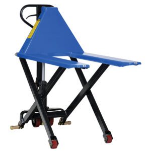 Introducing the Vestil Tote Lift Hand Pump 3K, featuring a blue manual scissor lift with black supports and durable red wheels. Its handle ensures smooth maneuvering, ideal for efficiently lifting and moving pallets. Perfectly sized at 26.75 X 43 inches for versatile use.