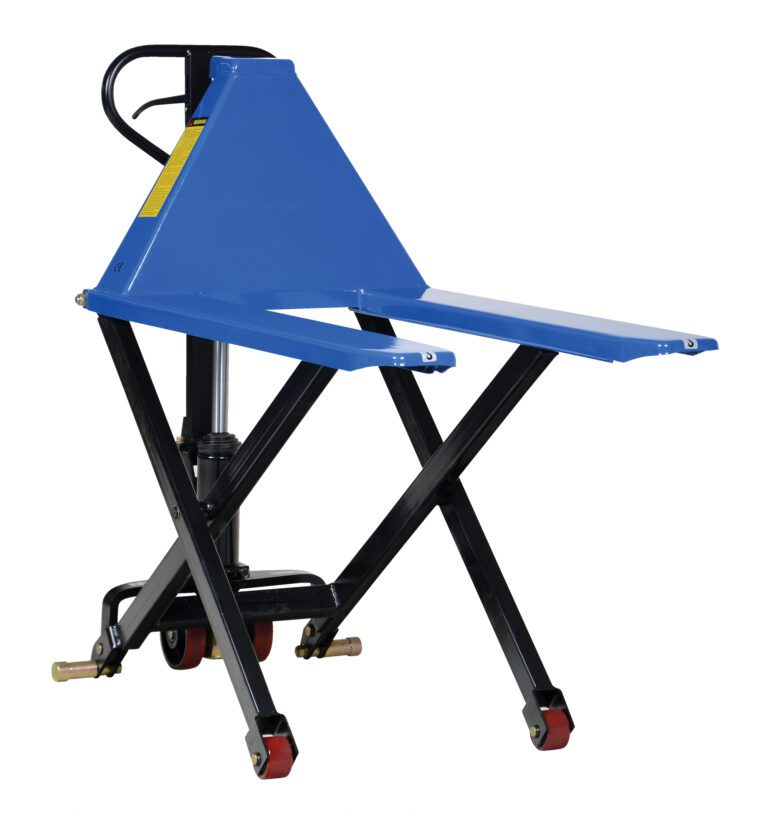Introducing the Vestil Tote Lift Hand Pump 3K, featuring a blue manual scissor lift with black supports and durable red wheels. Its handle ensures smooth maneuvering, ideal for efficiently lifting and moving pallets. Perfectly sized at 26.75 X 43 inches for versatile use.