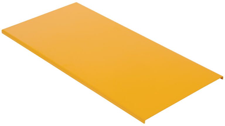 A rectangular, flat, yellow panel resembling the Vestil Tote Lift Option-Solid Platform 44X21.25 is viewed at an angle, its smooth glossy surface strikingly isolated against a white background.