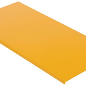 A rectangular, flat, yellow panel resembling the Vestil Tote Lift Option-Solid Platform 44X21.25 is viewed at an angle, its smooth glossy surface strikingly isolated against a white background.