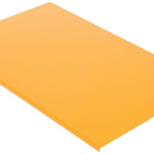 An orange rectangular sheet with folded edges resembles a Vestil Tote Lift Option-Solid Platform 44X27.75, seen from a low angle against a white backdrop.
