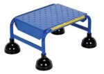 The Vestil Spring Loaded Roll Ladder Perf 1 Stp Blu is a blue step stool featuring four black suction cup feet and a textured surface for enhanced grip, plus a yellow strip with text on one side for added visibility.