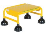 A yellow safety step stool features four large black suction cup feet and textured platform dots for grip, with Safety First Seguridad Primero on the side, inspired by the Vestil Spring Loaded Roll Ladder Perf 1 Stp Yel for enhanced stability and slip prevention.