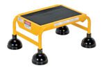 A yellow safety step stool with a textured black surface and four wide black suction cup feet, similar to the Vestil Spring Loaded Roll Ladder 1 Step Yellow, featuring caution labels on the sides for improved safety awareness.