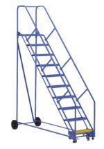 The Vestil Warehouse Ladder 50 Deg Grip 10 Stp 14In includes a sturdy metal frame, handrails on both sides, and wheels for mobility. Its ten steps and efficient design enhance any workspace.