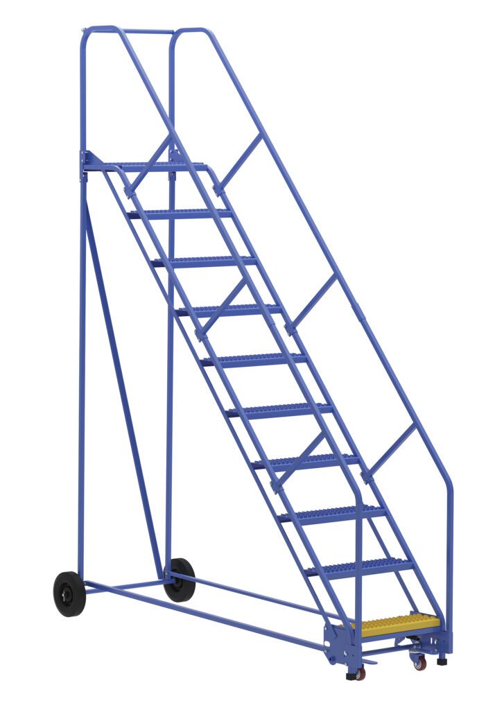 The Vestil Warehouse Ladder 50 Deg Grip 10 Stp 14In includes a sturdy metal frame, handrails on both sides, and wheels for mobility. Its ten steps and efficient design enhance any workspace.