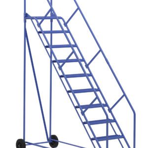 The Vestil Warehouse Ladder 50 Deg Grip 10 Stp 14In includes a sturdy metal frame, handrails on both sides, and wheels for mobility. Its ten steps and efficient design enhance any workspace.