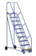 The Vestil Warehouse Ladder 58 Deg Grip 10 Stp 14In offers secure climbing with ten steps and a distinct yellow top step. Its blue design includes wheels and handrails for visibility, mobility, and safety in industrial environments.