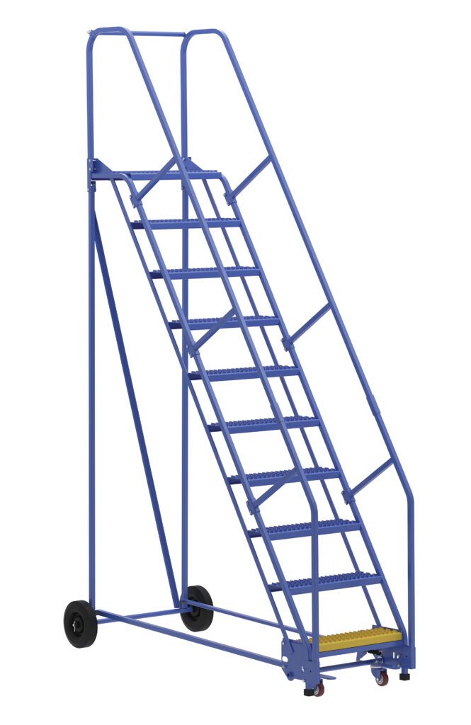 LAD-10-14-G_A.jpg The Vestil Warehouse Ladder 58 Deg Grip 10 Stp 14In offers secure climbing with ten steps and a distinct yellow top step. Its blue design includes wheels and handrails for visibility, mobility, and safety in industrial environments.