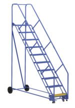 The Vestil Warehouse Ladder 50 Deg Perf 10 Stp 14In features a blue metal frame, handrails, and a yellow top step. Designed for industrial use, it includes wheels for mobility and ten sturdy steps for easy access.
