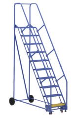 The blue rolling ladder, like the Vestil Warehouse Ladder 58 Deg Perf 10 Stp 14In, has railings, wheels, steps to a platform and is designed for safe climbing and easy transport, making it vital for efficient warehouse operations.