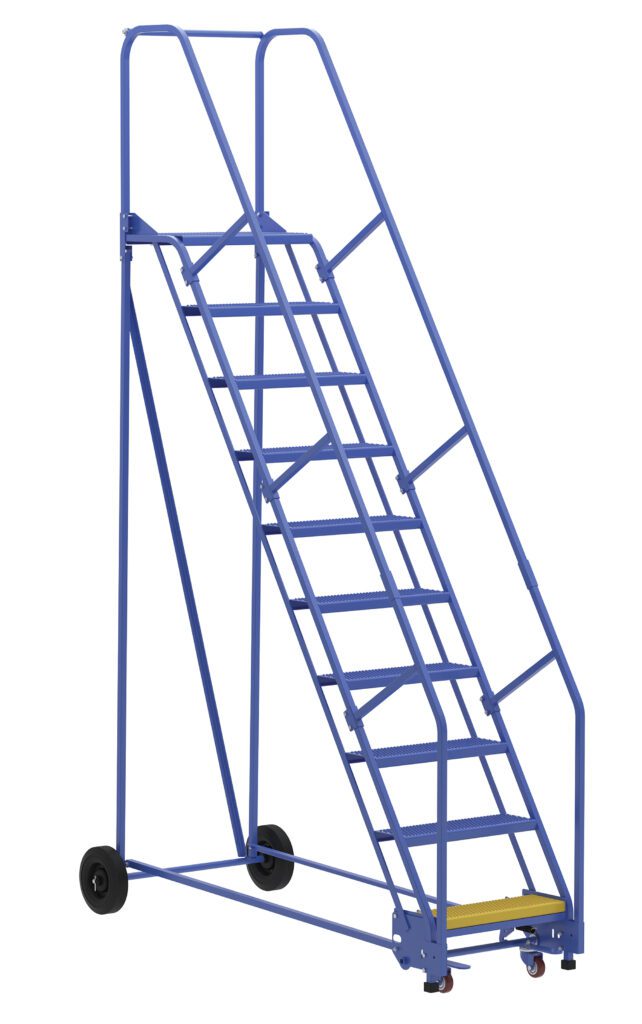 The blue rolling ladder, like the Vestil Warehouse Ladder 58 Deg Perf 10 Stp 14In, has railings, wheels, steps to a platform and is designed for safe climbing and easy transport, making it vital for efficient warehouse operations.