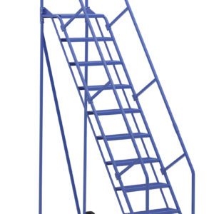 The blue rolling ladder, like the Vestil Warehouse Ladder 58 Deg Perf 10 Stp 14In, has railings, wheels, steps to a platform and is designed for safe climbing and easy transport, making it vital for efficient warehouse operations.