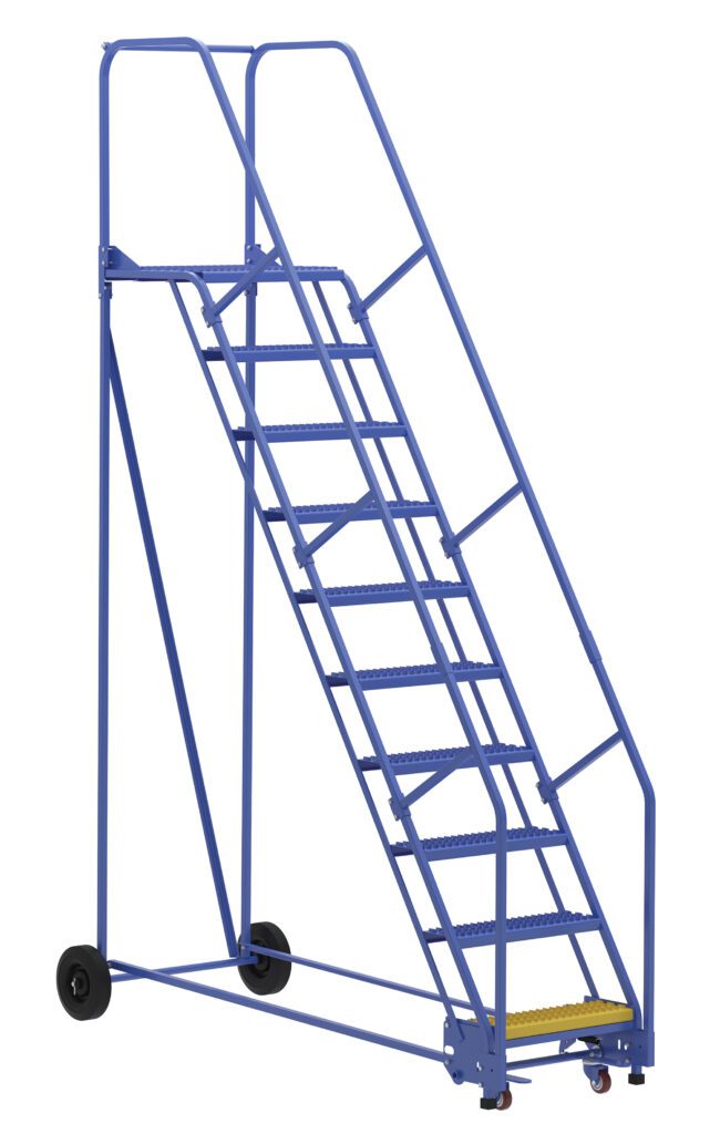 LAD-10-21-G_A.jpg The Vestil Warehouse Ladder 58 Deg Grip 10 Stp 21In features a blue design with a 58-degree incline, 10 sturdy steps including a yellow bottom step, wheels for mobility, and handrails on both sides leading to a secure platform for safe access in busy environments.