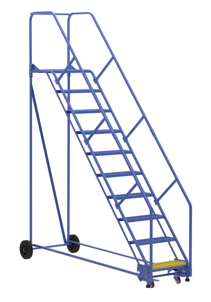 The Vestil Warehouse Ladder 50 Deg Perf 10 Stp 21In has a blue metal frame, 50-degree angled steps, and sturdy handrails. This ladder includes wheels for mobility and durable support bars.