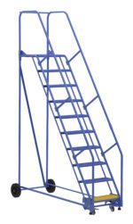 The blue Vestil Warehouse Ladder 58 Deg Perf 10 Stp 21In has a rolling design with handrails, wheels, multiple steps, and a platform. Its ideal for accessing high shelves and ensures stability and safety with its sturdy frame.