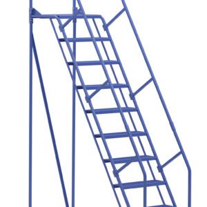 The blue Vestil Warehouse Ladder 58 Deg Perf 10 Stp 21In has a rolling design with handrails, wheels, multiple steps, and a platform. Its ideal for accessing high shelves and ensures stability and safety with its sturdy frame.