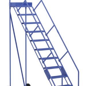 The Vestil Warehouse Ladder 50 Deg Grip 11 Stp 14In is a tall blue metal structure with handrails, featuring 11 perforated steps angled at 50 degrees for optimal grip. Wheels at the base enhance mobility, making it a reliable workspace tool.