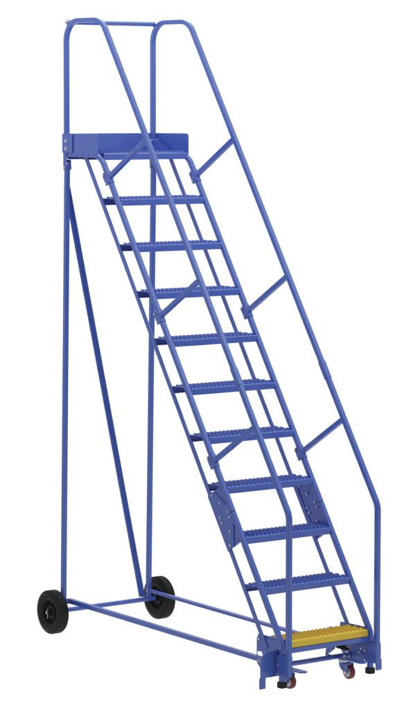The Vestil Warehouse Ladder 58 Deg Grip 11 Stp 14In is a blue, metal mobile ladder stand with handrails on both sides, featuring a secure 58-degree grip. It has wheels for easy mobility and a yellow platform step at the top to enhance safety.