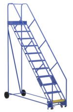 The Vestil Warehouse Ladder 50 Deg Perf 11 Stp 14In is a sturdy blue industrial rolling ladder with a 50-degree incline, eleven perforated steps, secure side railings, a stable top platform, and wheels for easy mobility in warehouse or maintenance tasks.