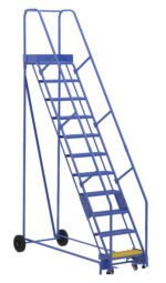 The Vestil Warehouse Ladder 58 Deg Perf 11 Stp 14In is designed at a 58-degree angle and features metal grating for grip. This blue rolling ladder includes side rails, an elevated platform, rubber stoppers for stability, and wheels at the base with a total of 11 steps.