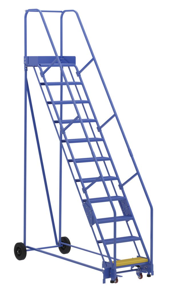 The Vestil Warehouse Ladder 58 Deg Perf 11 Stp 14In is designed at a 58-degree angle and features metal grating for grip. This blue rolling ladder includes side rails, an elevated platform, rubber stoppers for stability, and wheels at the base with a total of 11 steps.