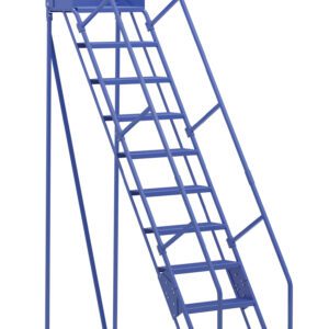 The Vestil Warehouse Ladder 58 Deg Perf 11 Stp 14In is designed at a 58-degree angle and features metal grating for grip. This blue rolling ladder includes side rails, an elevated platform, rubber stoppers for stability, and wheels at the base with a total of 11 steps.