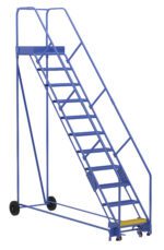 The Vestil Warehouse Ladder 50 Deg Grip 11 Stp 21In, with a sturdy blue metal design and handrails, features an 11-step incline at 50 degrees. It has two rear wheels for easy mobility and a top flat platform suitable for industrial or warehouse safety and efficiency.