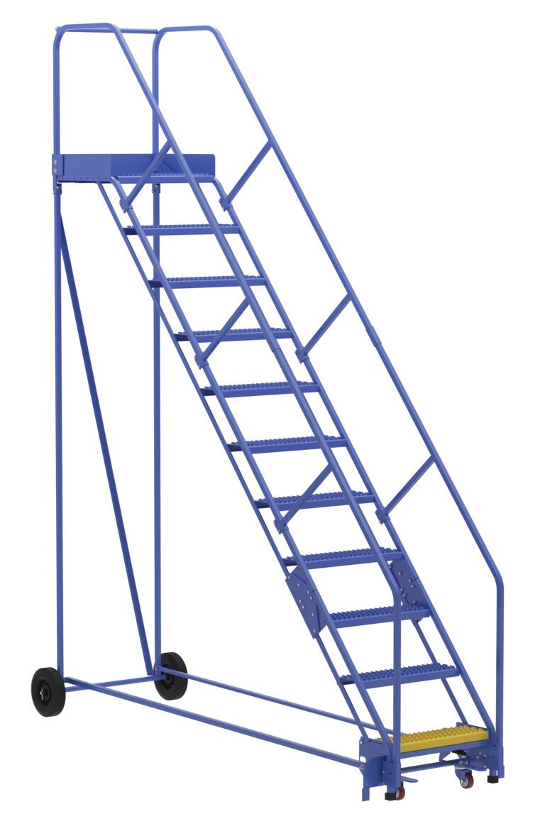 The Vestil Warehouse Ladder 50 Deg Grip 11 Stp 21In, with a sturdy blue metal design and handrails, features an 11-step incline at 50 degrees. It has two rear wheels for easy mobility and a top flat platform suitable for industrial or warehouse safety and efficiency.