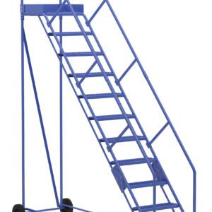The Vestil Warehouse Ladder 50 Deg Grip 11 Stp 21In, with a sturdy blue metal design and handrails, features an 11-step incline at 50 degrees. It has two rear wheels for easy mobility and a top flat platform suitable for industrial or warehouse safety and efficiency.
