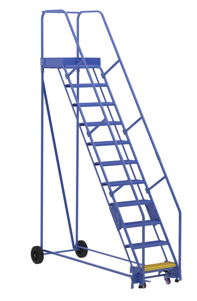 The Vestil Warehouse Ladder 58 Deg Grip 11 Stp 21In features a blue design with safety rails, including 11 steps at a 58-degree angle. Its platform suits industrial use, and two large rear wheels boost mobility in warehouse settings.
